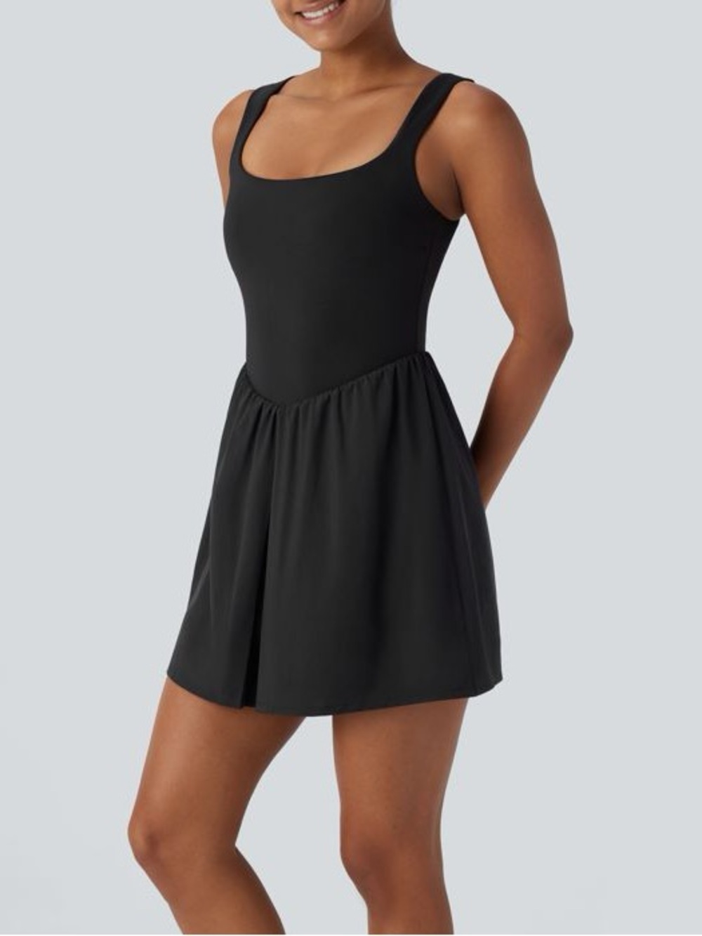 NWT Halara Breezeful Square Neck Active Dress M Black Built In Shorts Pockets - Picture 15 of 15